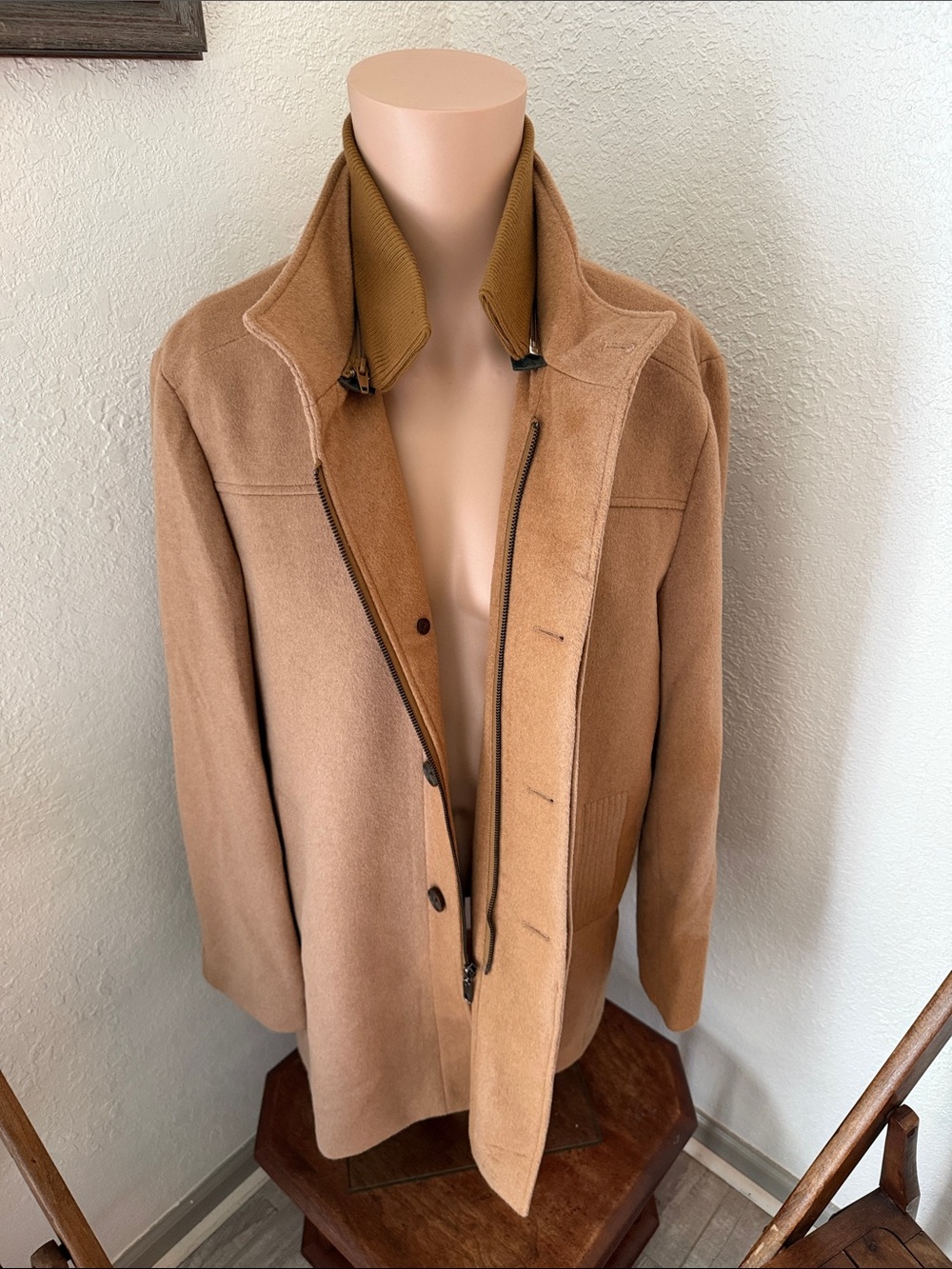 Enzo Tovare Men's Camel Wool Blend Coat with Stand Collar